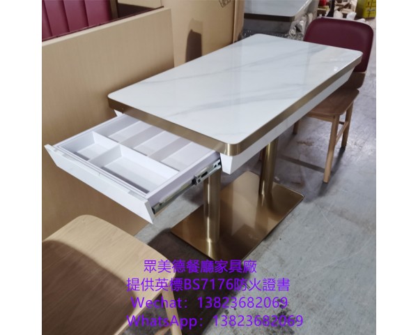 岩板不鏽鋼圍邊餐枱訂製,港式餐廳餐桌訂做,茶餐西餐廳抽屜儲物餐檯訂造,防火板抽盒訂做